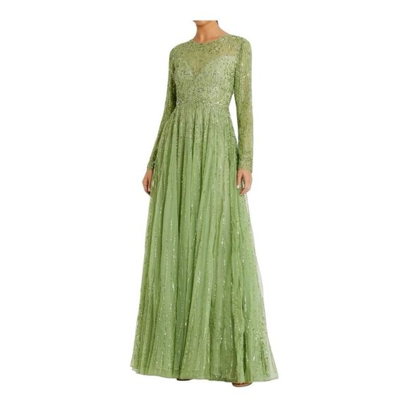 Mac Duggal Sage Green Sequin Gown | Long Sleeve A-Line Formal Dress | NWT - Picture 1 of 16